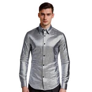 Whatlees bright metallic silver long sleeve button down Size Small Disco Party